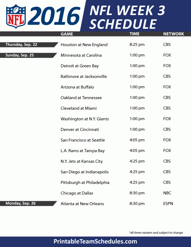 Nfl Schedule Week 3  2016 Regular Season | Printable Nfl Schedule, Nfl throughout Nfl Regular Season Schedule Printable