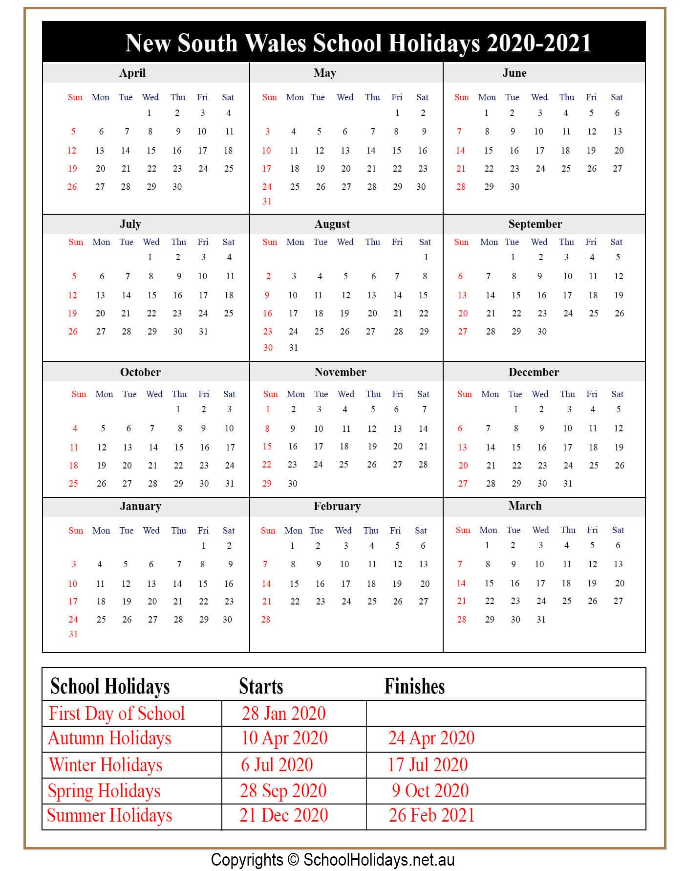 Nsw *School Holidays* 2020 [New South Wales ] ️ with regard to 2022 Qld School Calendar Printable