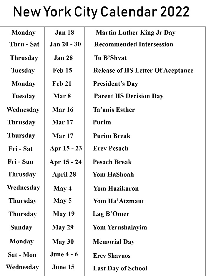 Nyc School Holidays Calendar 20212022 throughout Middle East Holidays Calendar