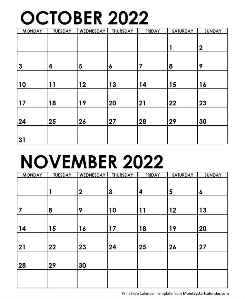 Oct Nov 2022 Calendar Monday Start | Editable Two Months Template in Start Of Nanakshahi Calendar 2022