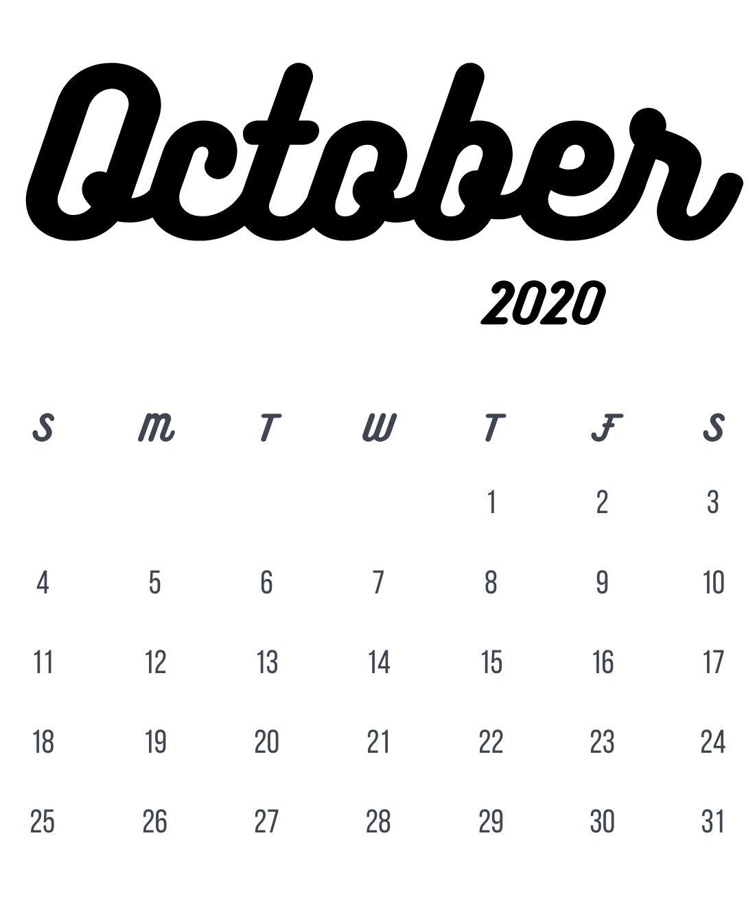 October 2020 Calligraphy Calendar Free Download within Printable Month Calligraphy Clander