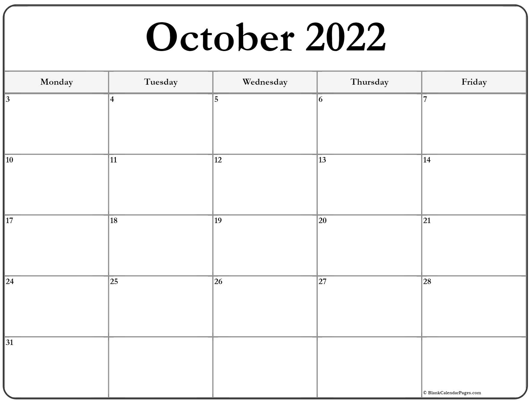 October 2022 Monday Calendar | Monday To Sunday with regard to Friday Monday Saturday Calendar Clipart