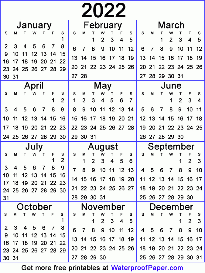 One Page Calendar  Free Printable For 2021, 2022 pertaining to Free Printable Calendar 2022 Vertical