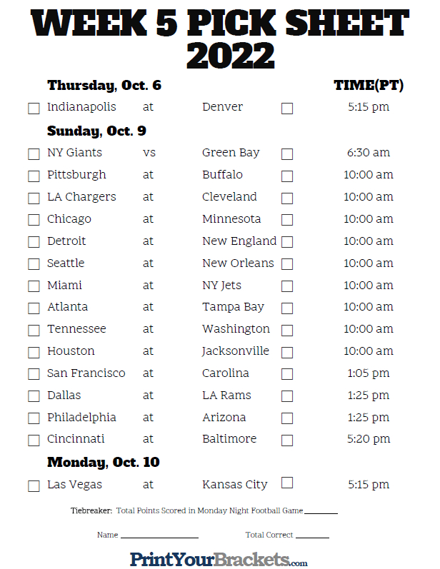 Pacific Time Week 5 Nfl Schedule 2020 Printable inside Free Printable Weekly Football Schedules