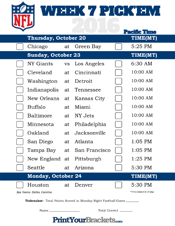 Pacific Time Week 7 Nfl Schedule 2016  Printable within Print Your Brackets 2022 Nfl Schedules Calendar