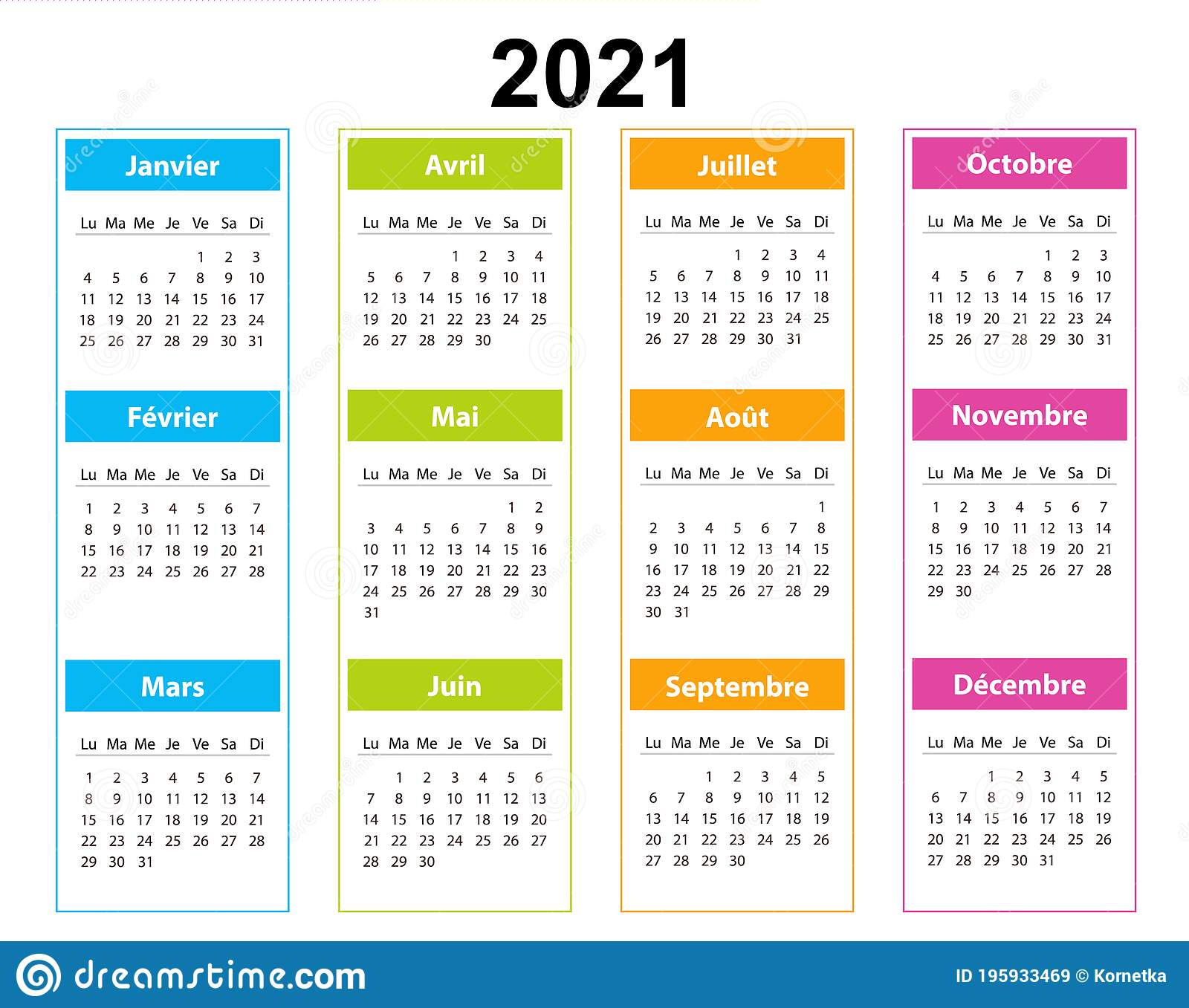 Pocket Calendar On 2021 Year, French. Color With Square Shape Stock pertaining to Yearly Calendar With Squares