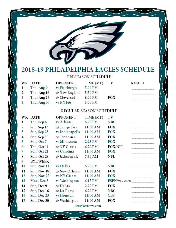 Printable 20182019 Philadelphia Eagles Schedule with Printable One Page Nfl Schedule Printabletemplates