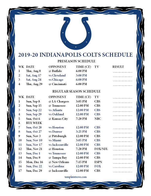 Printable 20192020 Indianapolis Colts Schedule intended for Nfl Regular Season Schedule Printable