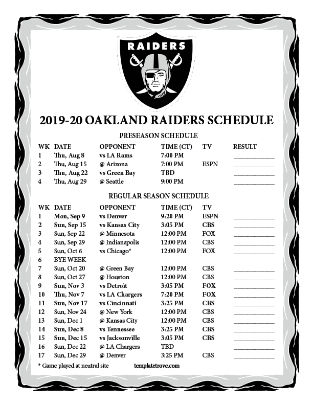 Printable 20192020 Oakland Raiders Schedule with Printable One Page Nfl Schedule Printabletemplates