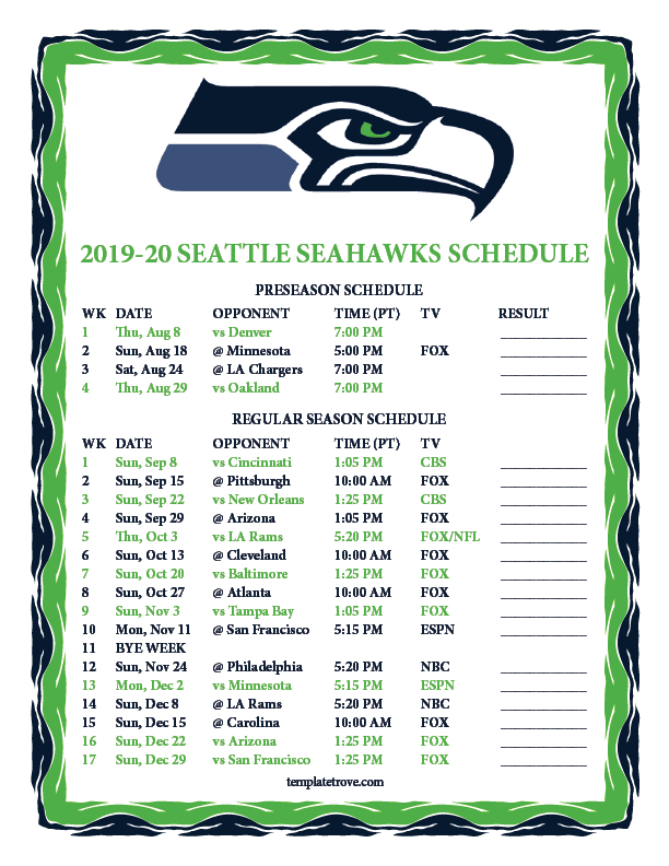 Printable 20192020 Seattle Seahawks Schedule intended for Printable One Page Nfl Schedule Printabletemplates