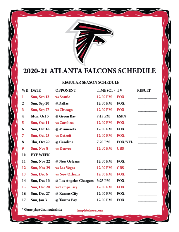 Printable 20202021 Atlanta Falcons Schedule within Printable Nfl Schedule 2022 2022 Calendar Printables