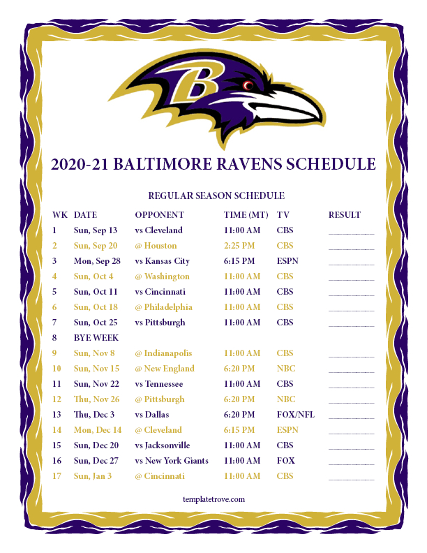 Printable 20202021 Baltimore Ravens Schedule pertaining to Printable Nfl Schedule 2022 2022 Calendar Printables