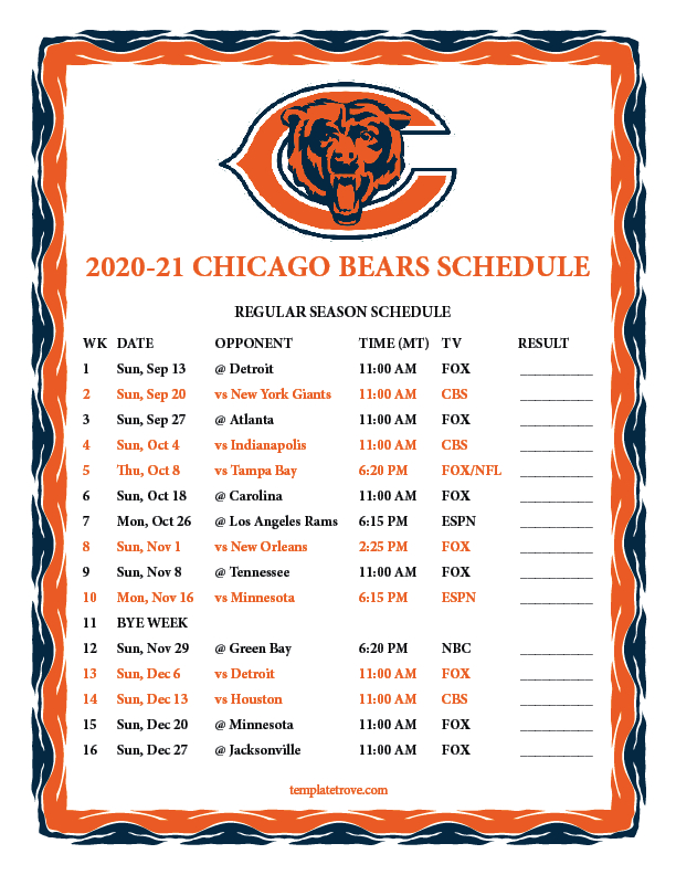 Printable 20202021 Chicago Bears Schedule regarding Nfl Regular Season Schedule Printable