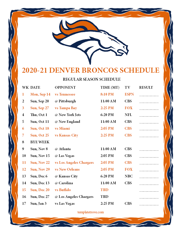 Printable 20202021 Denver Broncos Schedule intended for Free Nfl Schedule Printable Calendar Printables Free Blank