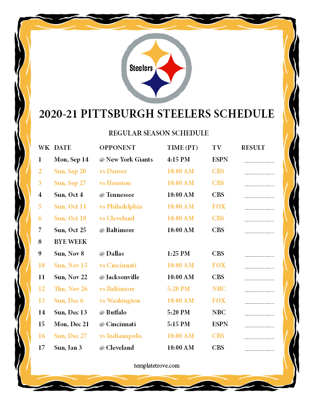 Printable 20202021 Pittsburgh Steelers Schedule inside Nfl Regular Season Schedule Printable