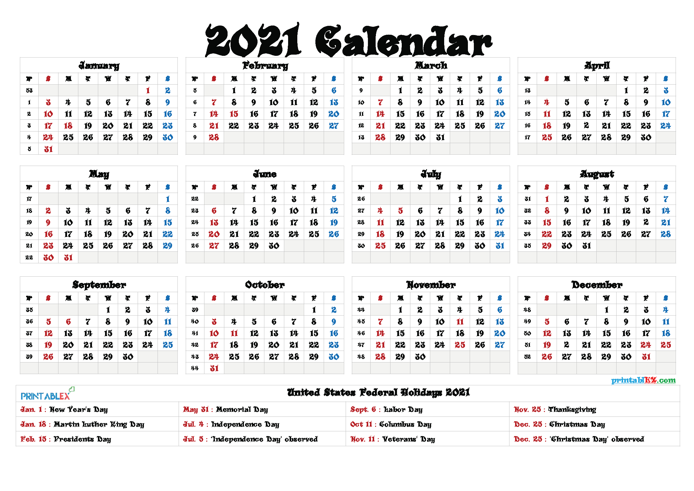 Printable 2021 Calendar With Federal Holidays | Printable Calendars 2021 pertaining to Printable Federal Government Holiday Calendar