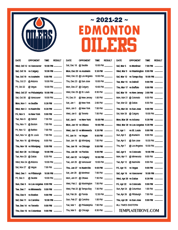 Printable 20212022 Edmonton Oilers Schedule with Printable Nfl Schedule 2022 2022 Calendar Printables