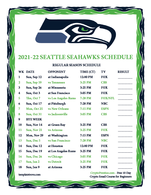 Printable 20212022 Seattle Seahawks Schedule for Printable Nfl Schedule 2022 2022 Calendar Printables