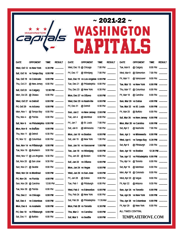 Printable 20212022 Washington Capitals Schedule throughout Printable Nfl Schedule 2022 2022 Calendar Printables