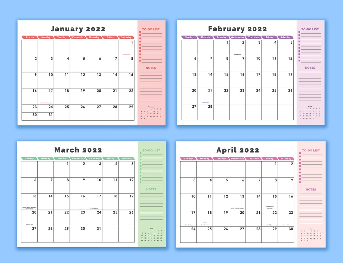 Printable 2022 12Month Calendar With Holidays Instant | Etsy within Large Free Printable 2022 Months