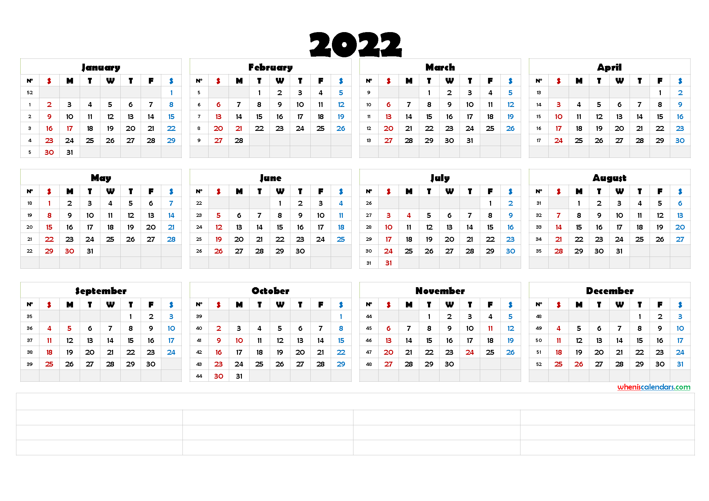 Printable 2022 Calendar With Week Numbers (6 Templates)  Free in 2022 Calendar With Weeks