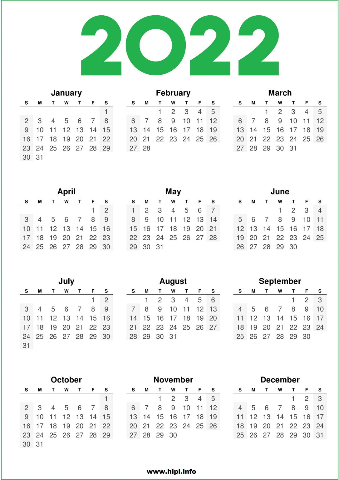 Printable 2022 Us Calendar Green  Hipi | Calendars Printable Free intended for 2022 Wall Calendar Printable Free
