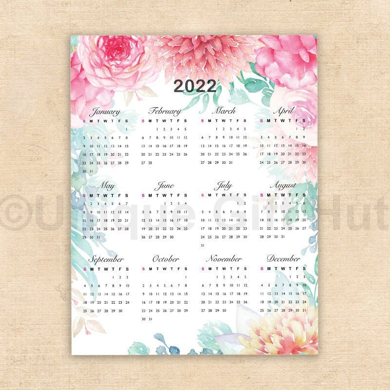 Printable 2022 Watercolor Floral Wall Calendar Watercolor | Etsy in 2022 Wall Calendar Printable Free