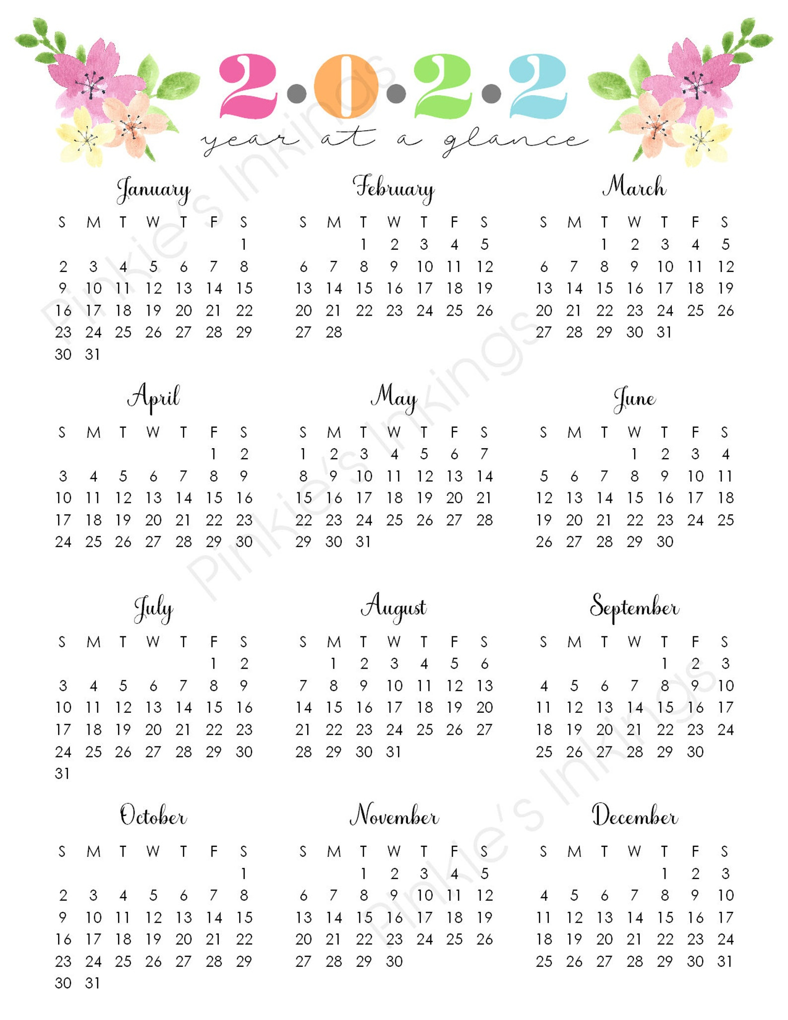 Printable 2022 Year At A Glance 8.5X11 Wall | Etsy in Year At A Glance Calendar 2022