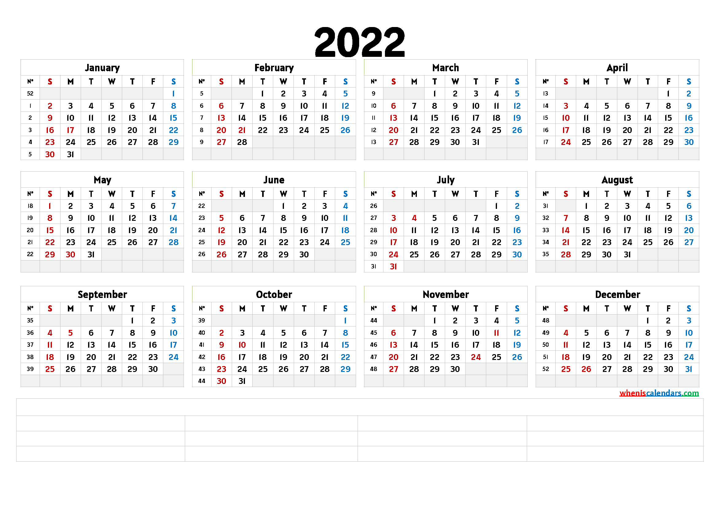 Printable 2022 Yearly Calendar (6 Templates) throughout 2022 Calendar With Weeks