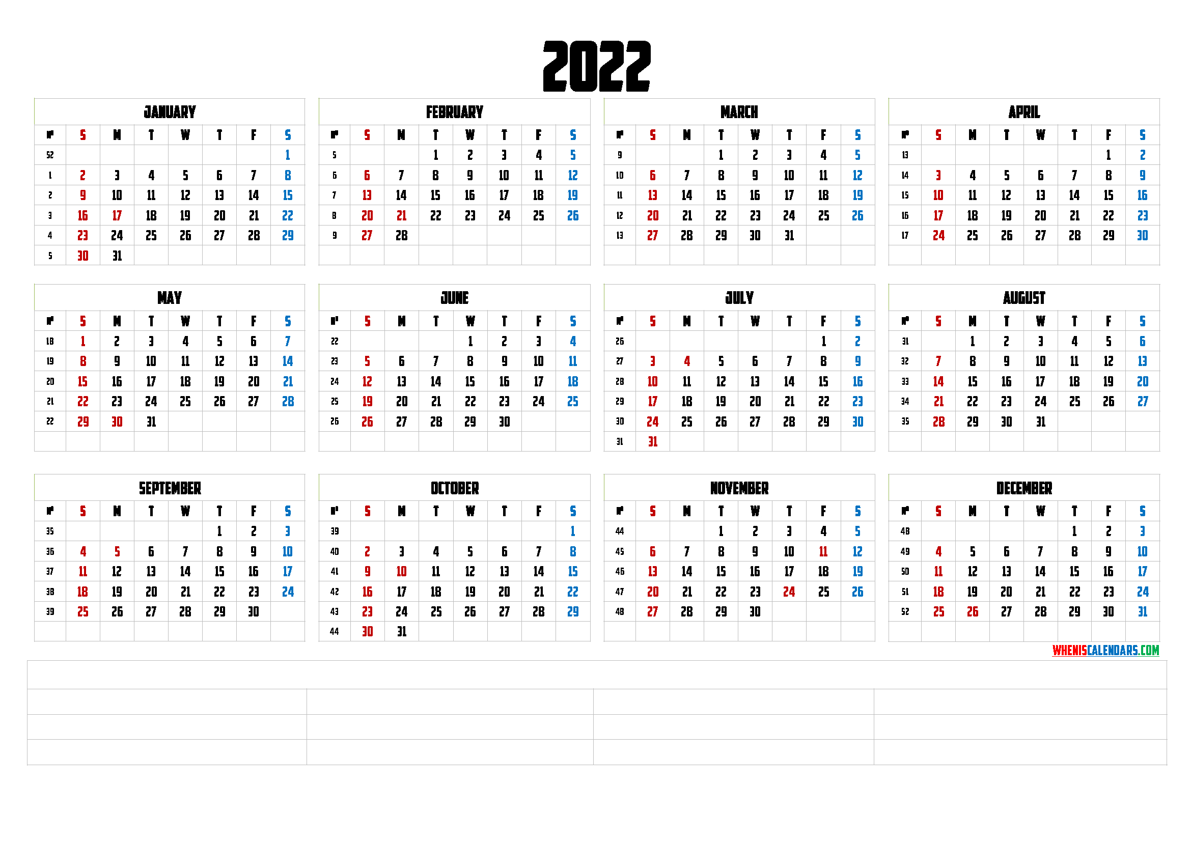 Printable 2022 Yearly Calendar With Week Numbers (6 Templates) in Calendar By Calendar Week 2022