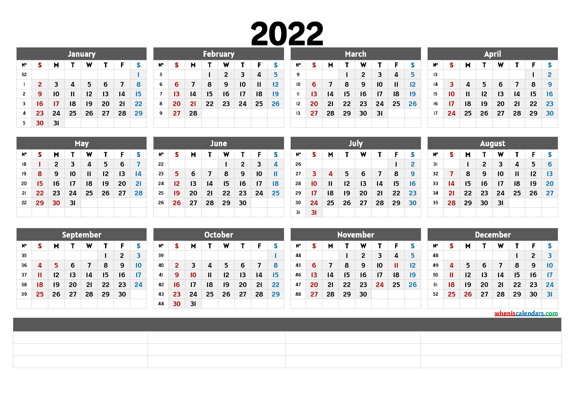 Printable 2022 Yearly Calendar With Week Numbers  Calendraex in 2022 Calendar With Weeks