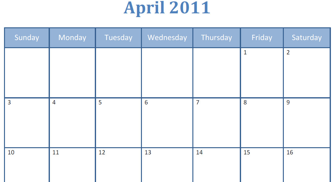Printable Blank Pdf April 2011 Monthly Calendar | Printable Blank Pdf with regard to Downloaded Calendar With Large Squares