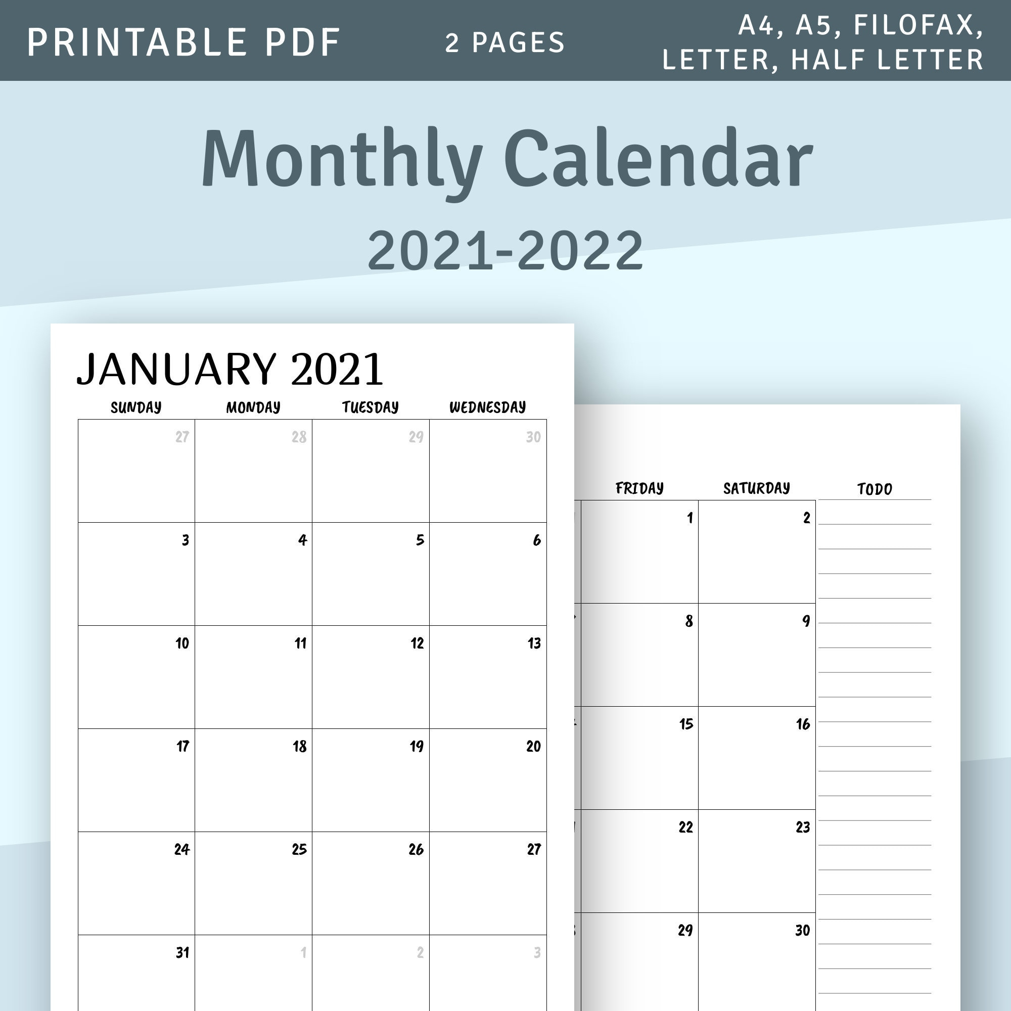 Printable Calendar Monthly 2021 2022 Month On Two Page | Etsy inside Free Printable Pocket Calendar Template