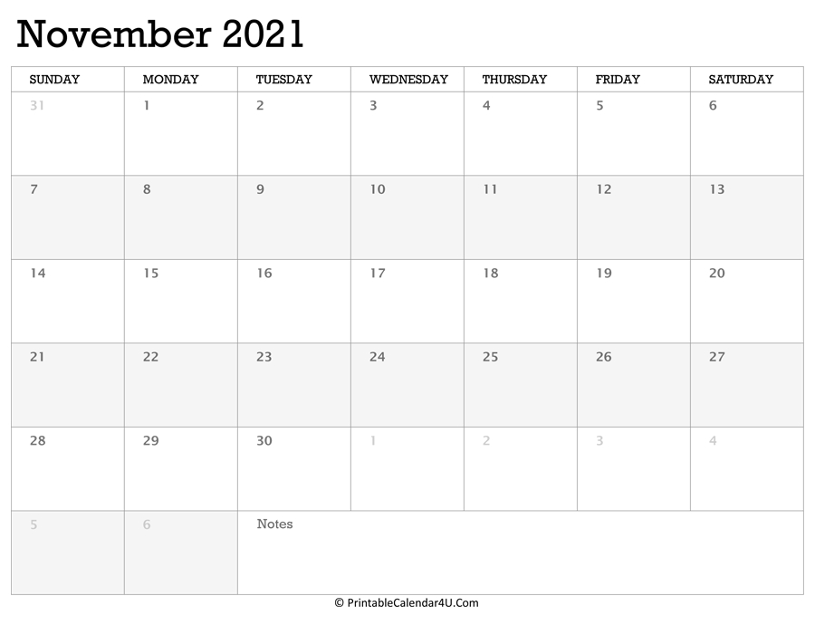 Printable Calendar November 2021 With Holidays intended for Printable Calendars Starting With Sunday