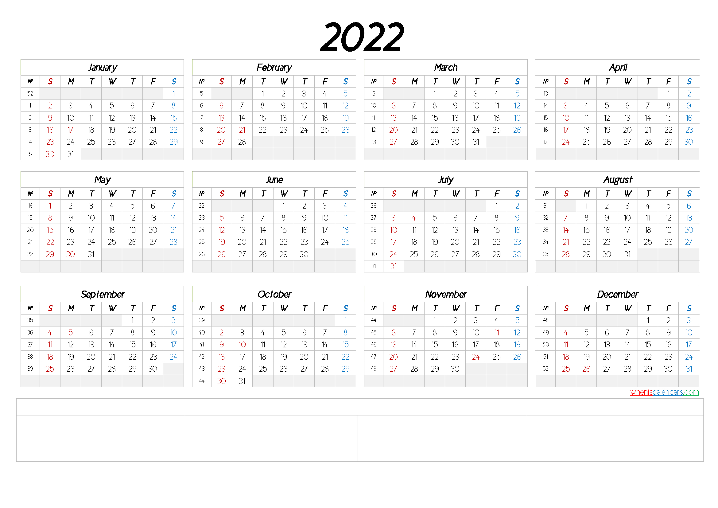 Printable Calendar Year 2022  Editable 2022 Yearly Calendar Landscape intended for Free 2022 Monthly Calendars That Are Printable