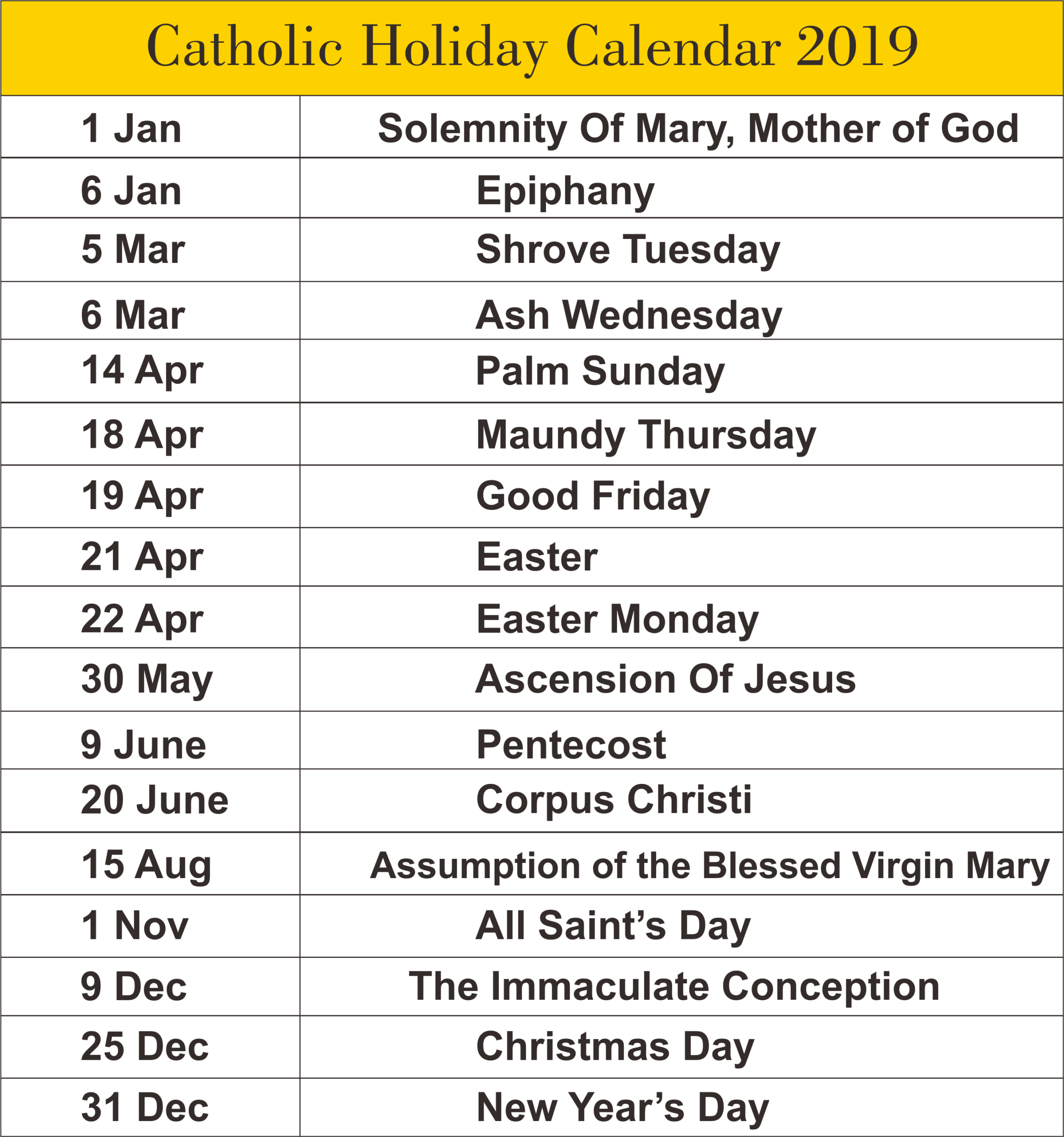 Printable Catholic Liturgical Calendar 2019 | Tutore  Master Of pertaining to Liturgical Calendar Worksheet Pdf