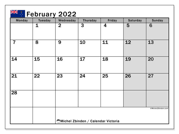 Printable February 2022 &quot;Victoria&quot; Calendar Michel Zbinden En within Calendar 2022 Victoria Australia
