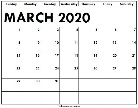 Printable March Calendar 2020 Starting From Sunday With Large Blocks in Large Block Calendar Template