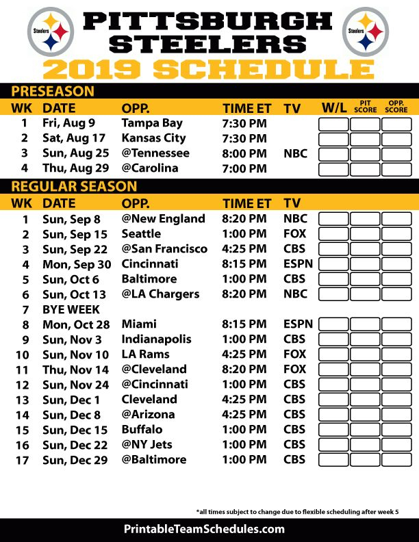 Printable Pittsburgh Steelers 2019 Schedule | Pittsburgh Steelers throughout Nfl Regular Season Schedule Printable