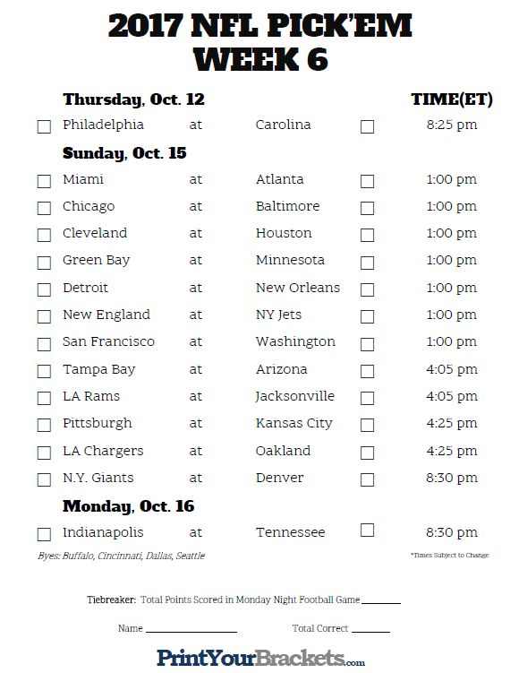 Printable Week 6 Nfl Schedule Pick Em Sheets | Nfl, Nfl Weekly Picks within Printable One Page Nfl Schedule Printabletemplates