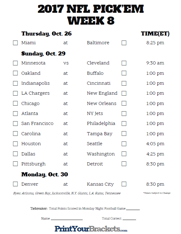 Printable Week 8 Nfl Schedule Pick Em Sheets | Printable Nfl Schedule, Nfl Calendar, Nfl with Free Printable Weekly Football Schedules