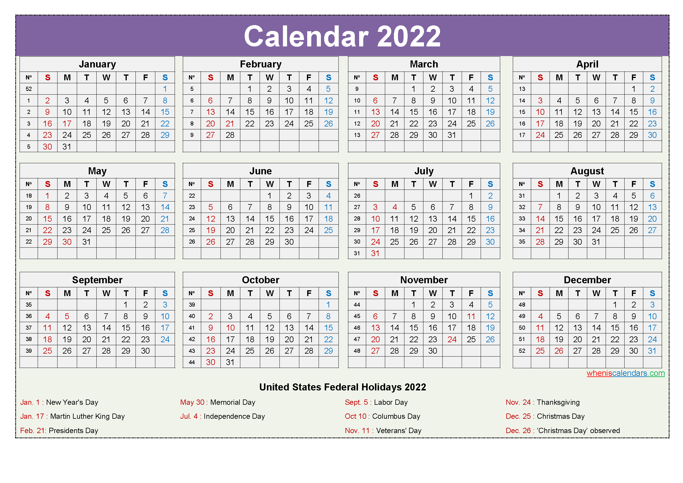 Printable Yearly 2022 Calendar With Holidays Word, Pdf inside Printable Federal Government Holiday Calendar