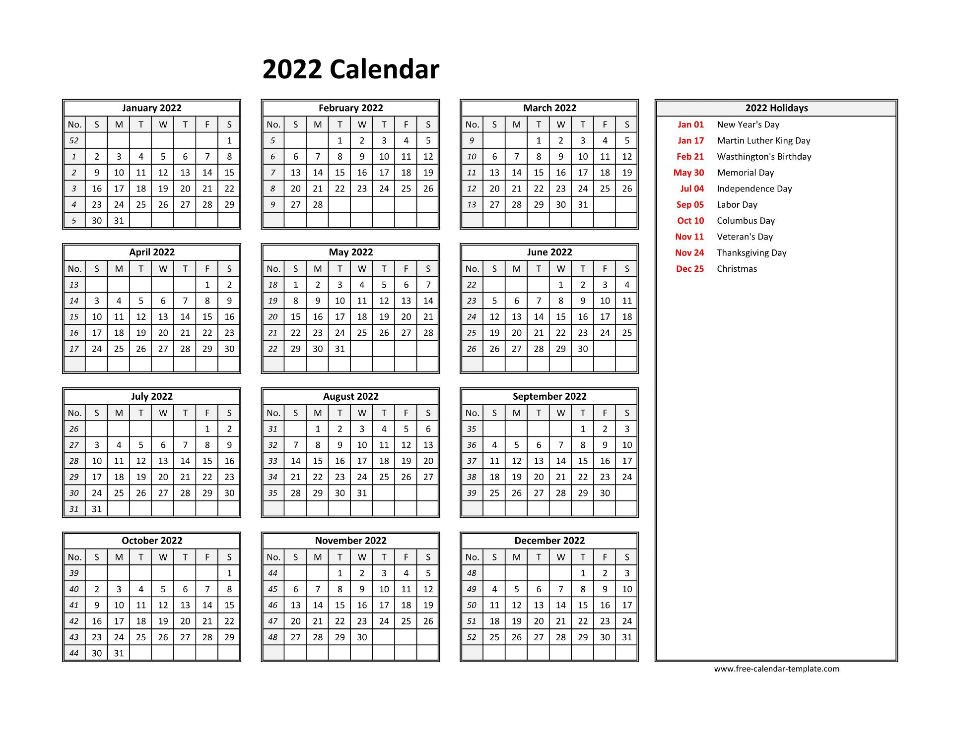 Printable Yearly Calendar 2022 | Freecalendartemplate with Fiscal Year Calendar 2022 2022 Printable