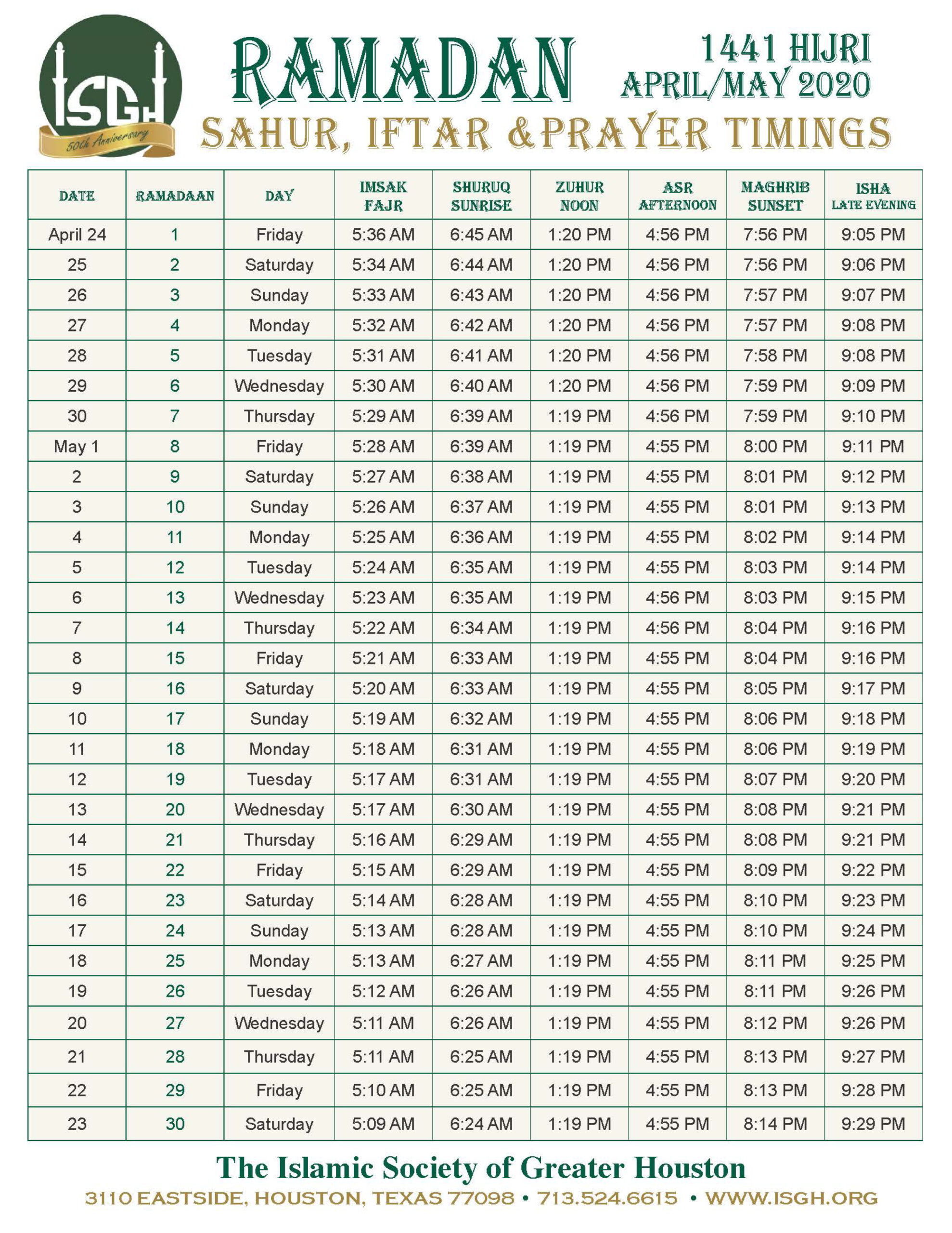 Ramadan Schedule 14412020  Islamic Society Of Greater Houston intended for Ramdan Calendar Timetable Templates Free