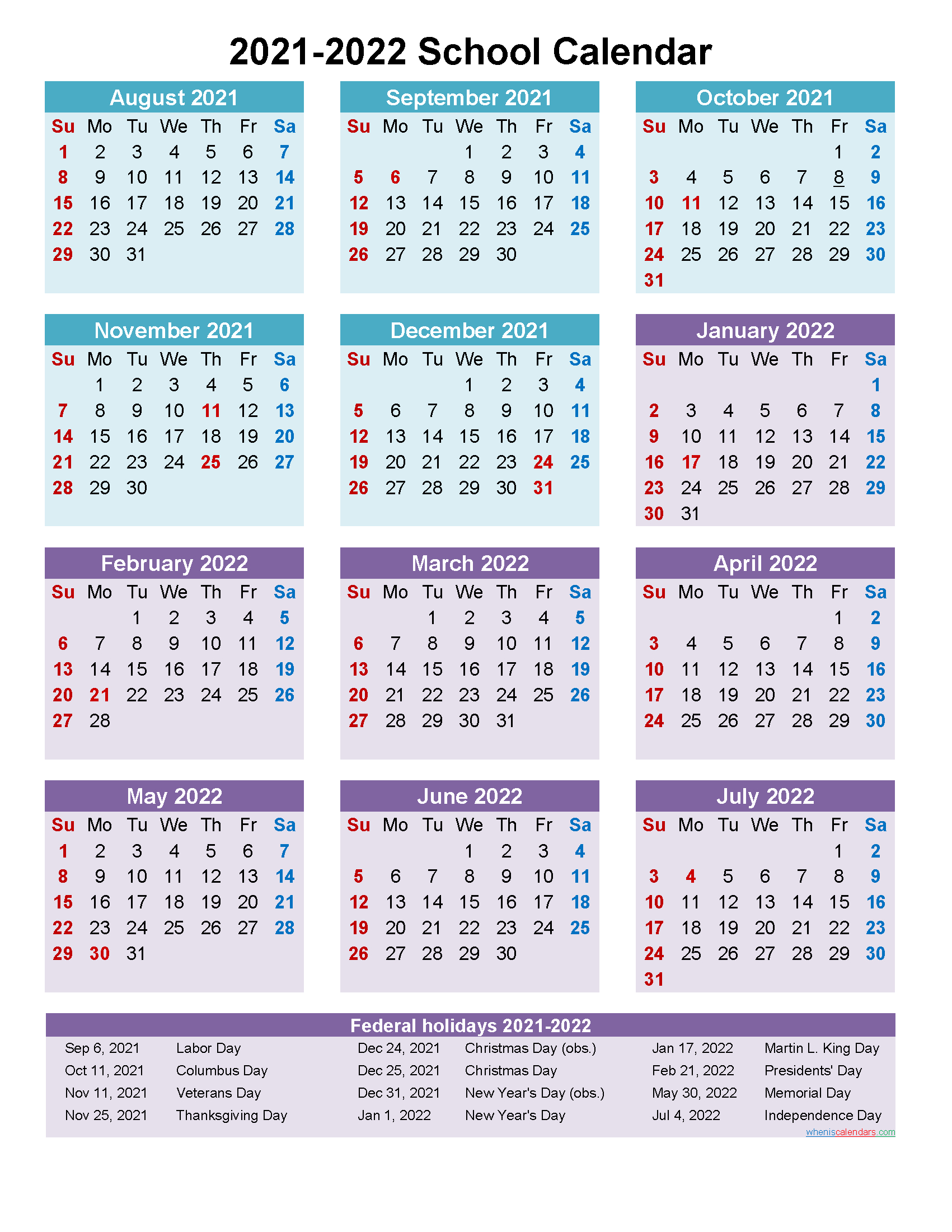 School Calendar 2021 And 2022 Printable (Portrait) Template No pertaining to Schools Calendar In Uganda 2022