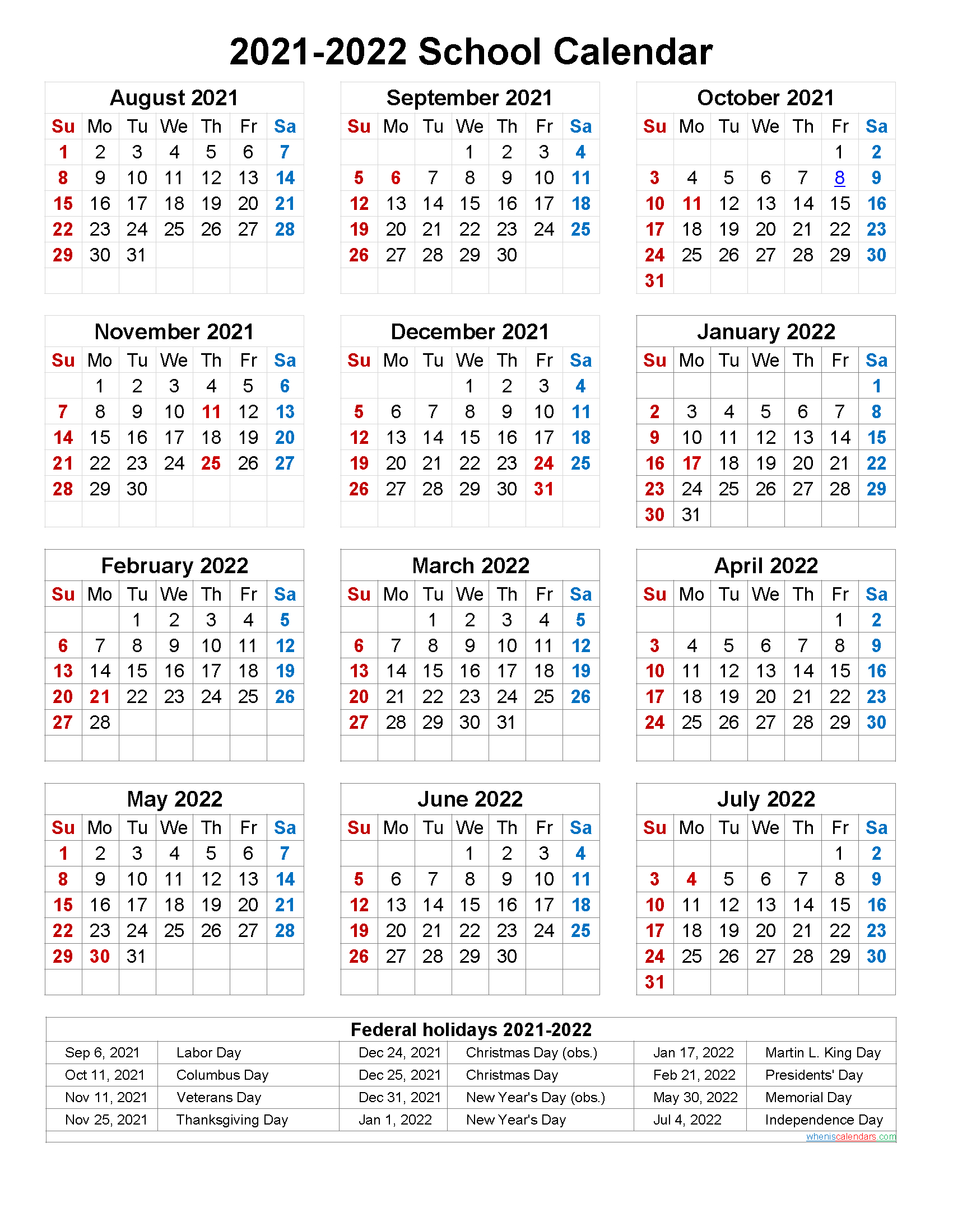 School Calendar 2021 And 2022 Printable (Portrait) Template No.scl22A24 pertaining to Free Portrait Printable Calendars 2022