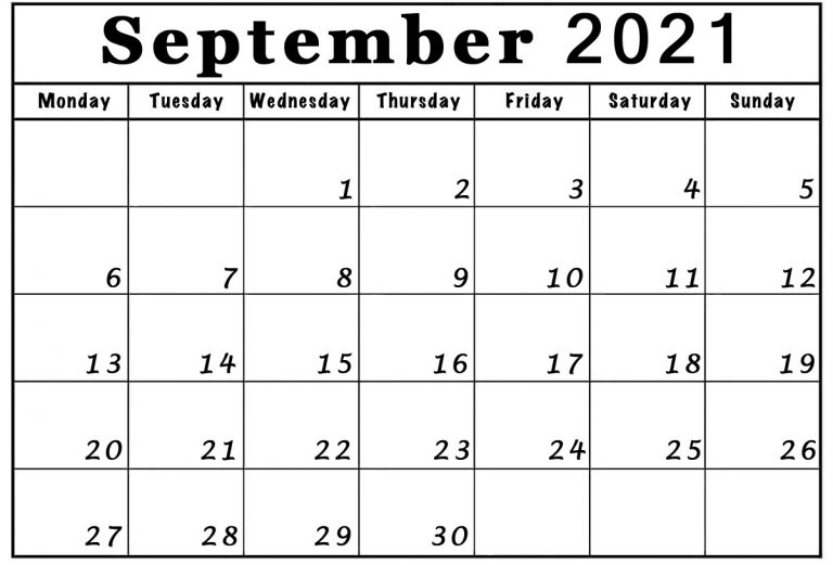 September 2021 Calendar Monday Start To Sunday Blank Free Printable regarding Printable Calendars Starting With Sunday