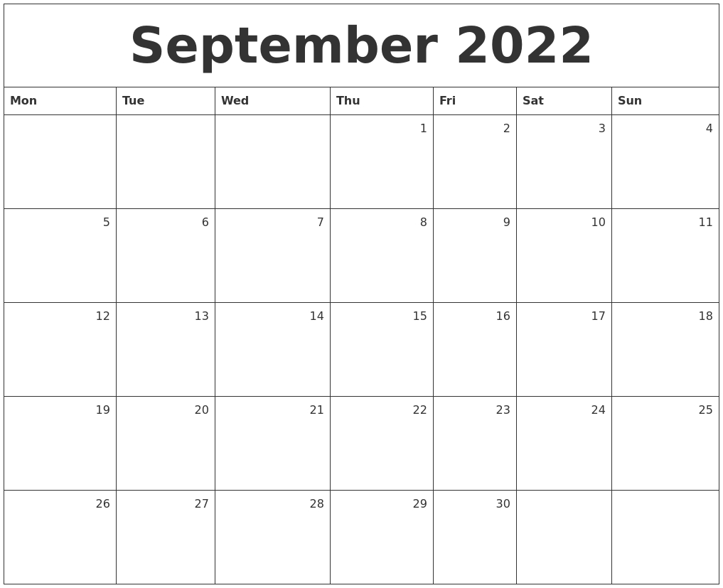 September 2022 Monthly Calendar regarding Calendar September 2022 To August 2022