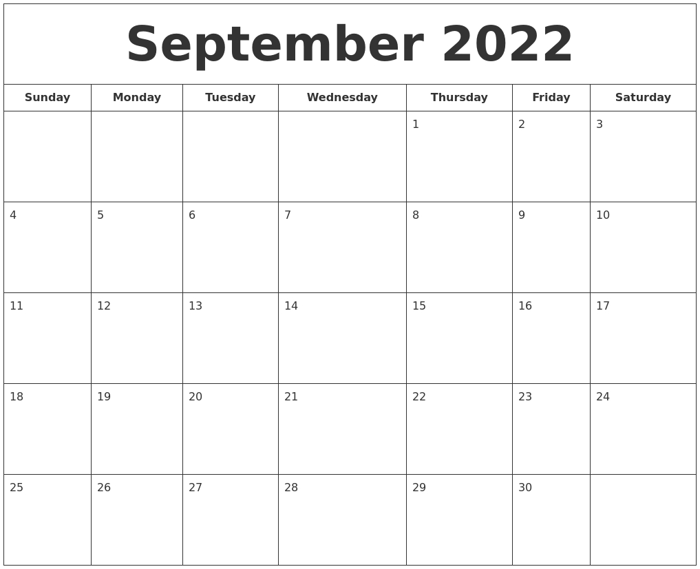 September 2022 Printable Calendar within Calendar September 2022 To August 2022