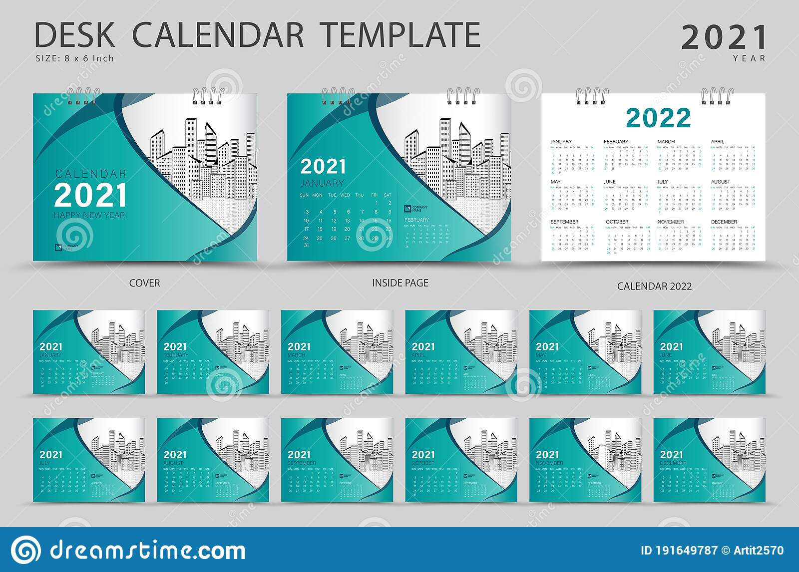 Set Desk Calendar 2021 Template Creative Design. Calendar 2022 Layout for Sunday Start Pocket Ring Planner